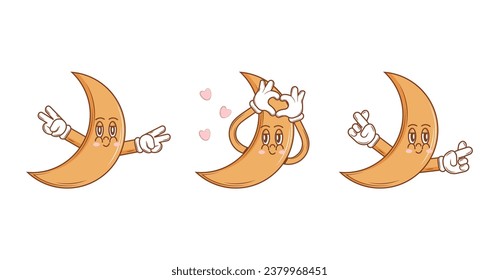 Set of Cute Character Moon in groovy style. Isolated retro stickers on a transparent background for various purposes. Vintage vector illustration.