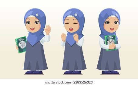 Set of Cute Character Moslem girl hijab holding holy Quran and pray