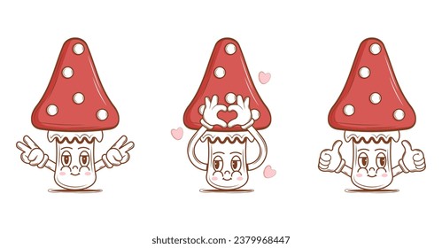 Set of Cute Character Mushroom in groovy style. Isolated retro stickers on a transparent background for various purposes. Vintage vector illustration.