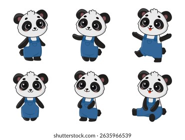 Set of cute character panda in different poses in clothes. Drawn in cartoon style. Isolated on white background