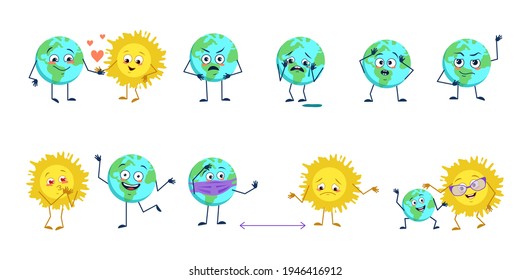 Set of cute character of the planet Earth and the sun with different emotions. Funny or sad space heroes play, fall in love, keep their distance in a mask, with heart or tear. Vector flat illustration