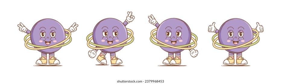Set of Cute Character Planet in groovy style. Isolated retro stickers on a transparent background for various purposes. Vintage vector illustration.