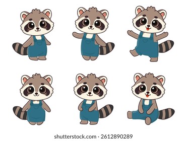 Set of cute character raccoon in different poses in clothes. Drawn in cartoon style. Isolated on white background