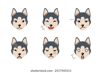 Set of cute character siberian husky dog faces showing different emotions for design.