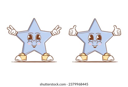 Set of Cute Character Star in groovy style. Isolated retro stickers on a transparent background for various purposes. Vintage vector illustration.