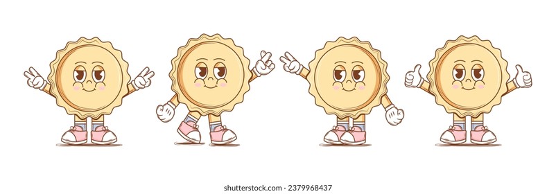Set of Cute Character Sun in groovy style. Isolated retro stickers on a transparent background for various purposes. Vintage vector illustration.
