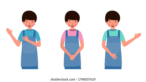 Set of cute character wearing apron ,rosy cheek,Pink cheek,vector illustration for graphic design,website,banner or card