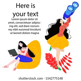 Set cute character women drawn in different concepts. It is search-binoculars, work online-laptop. Space for text or isolated object. Cards, invitations, posters, web design, printing products can use