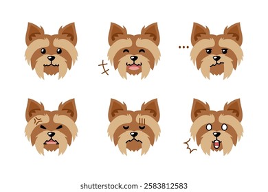 Set of cute character cute yorkshire terrier dog faces showing different emotions for design.