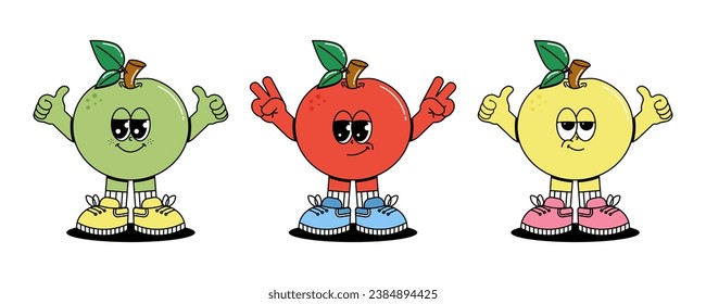 Set of Cute characters Apple in groovy cartoon style. Trendy and modern illustration with funky comic mascot. Green, red and yellow fruits. 70s, 80s retro vibes. Vector illustration