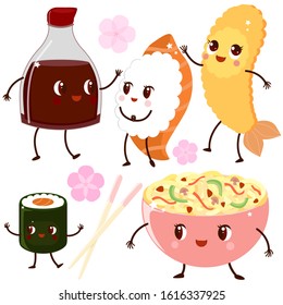 Set Of Cute Characters Of Asian Cuisine: Kawaii Sushi, Shrimp, Noodles, Maki, Soy Sauce And Chopsticks. Characters For A Children's Japanese Menu.