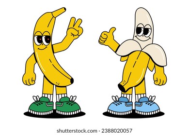 Set of Cute characters Banana in groovy cartoon style. Trendy and modern illustration with funky comic mascot. Yellow color of fruits. 70s, 80s retro vibes. Vector illustration