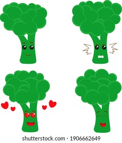 Set of cute characters broccoli. Vector characters with different emotions. Editable objects.