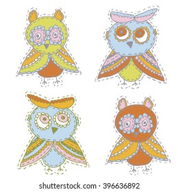 Set Cute characters Cartoon owls and owlets birds sketch doodle beige orange blue green red isolated on white background. Vector