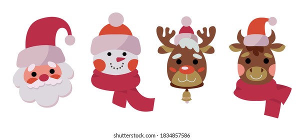 Set of cute characters for the Christmas holidays. Flat vector cartoon illustration. Snowman, deer, Santa Claus, bull in hats and scarves.

