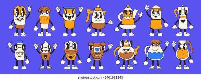 Set of cute characters for a coffee shop in retro cartoon style. Paper cups for hot drinks, coffee makers, cakes, teapots and glass jugs of coffee and drinks.