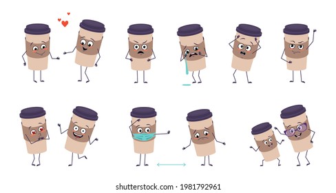 Set of cute characters a cup of coffee with emotions, face, hands and feet. Smiling or sad paper dishes for a cafe, heroes in love keep their distance, dance or cry. Vector flat illustration