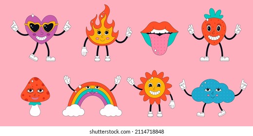 Set of cute characters and elements in psychedelic 70's style. Hippie, psychedelic, groove, retro and vintage style. Vector illustration