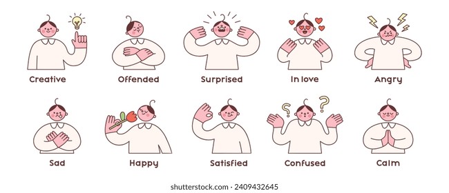 Set of cute characters expressing various emotions with gestures and facial expressions. Vector illustration of happy, angry, sad, surprised, confused guy. Isolated elements on white background.