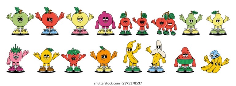 Set of cute characters fresh fruits in groovy cartoon style. Trendy and modern illustration with funky comic mascot. 70s, 80s retro vibes. Vector illustration