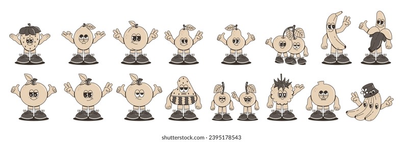 Set of cute characters fresh fruits in groovy cartoon style. Trendy and modern illustration with funky comic mascot. 70s, 80s retro vibes. Monochrome palette. 