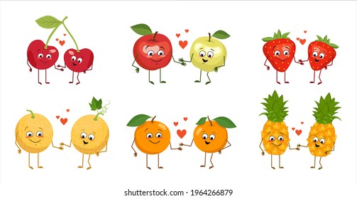 Set of cute characters of fruits and berries with emotions, faces, arms and legs. Happy people in love hold hands and smile. Vector flat illustration