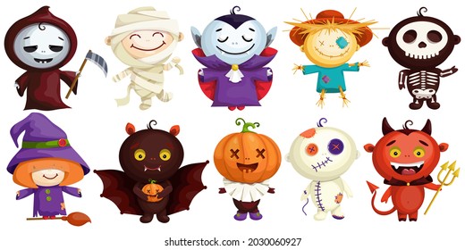 Set of cute characters in Halloween costumes. Cartoon Count Dracula, Witch, Pumpkin, Voodoo Doll, Egyptian Mummy, Bat Mouse, Dead Man, Vkelet, Garden Scarecrow, Scarecrow. Funny Costumed Men for Day o
