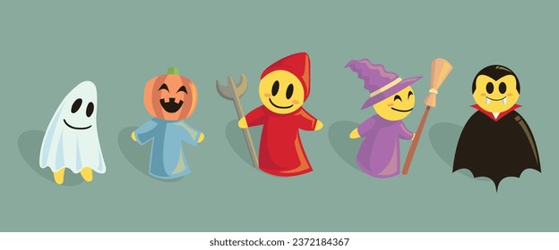 Set of cute characters in Halloween costumes. Cartoon Count Dracula, Witch, Pumpkin, trident and ghost. isolated on green tosca background. Good for landing page or articles image.