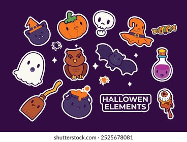 Set of cute characters in Halloween costumes. bat, bone, broom, candy, cat, elixir, eye, ghost, owl, pumpkin, tank, hat