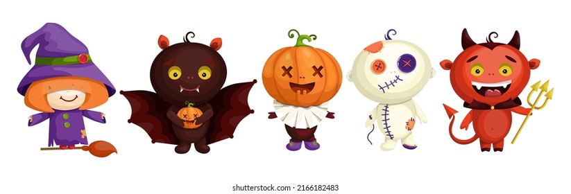 Set Cute Characters Halloween Costumescartoon Vector Stock Vector ...