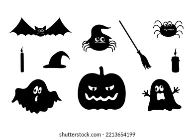 Set of cute characters for Halloween. Kit of cliparts for Halloween. Silhouettes of ghosts, pumpkin, spider in witch's cap,  bat, spider vampire, candles, broom. 