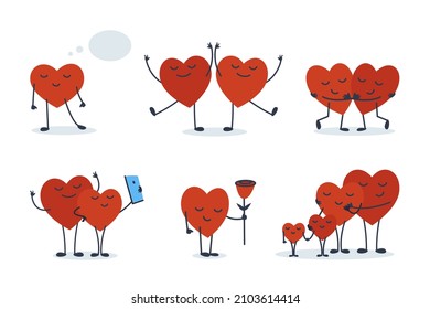 Un conjunto de personajes bonitos de los corazones para un día festivo de San Valentín. Divertidos emoticones de personajes de caricatura. Ilustración vectorial plana
