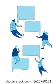 Set of cute characters holding their smartphones in their hands with huge speech bubbles. People using their phone for texting a message. Group of  teenage persons chating. Vector illustration.