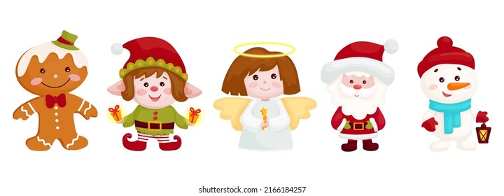 Set of cute characters for the holiday of Christmas and New Year.Cartoon vector graphics.