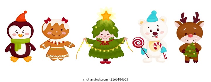 Set of cute characters for the holiday of Christmas and New Year.Cartoon vector graphics.