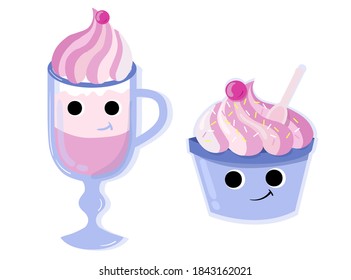 Set of cute characters in kawaii style isolated on white background. Coffee cup and icecream with smiling faces vector illustration.