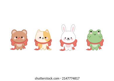 Set of cute characters in kawaii style. Bear, frog, cat and rabbit are sitting and decorated with red bows.