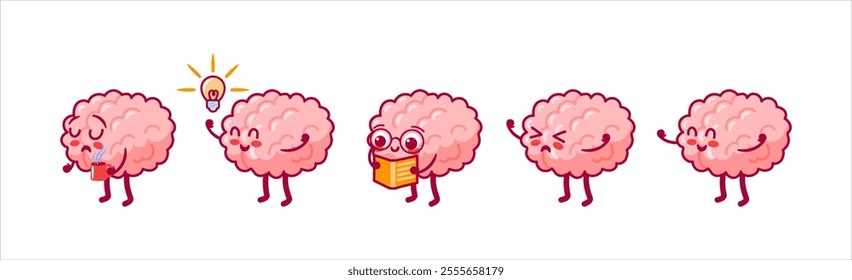 Set of cute characters in kawaii style. Brain with glasses reading a book, insight. Brain with glasses reads a book, sleepy brain with coffee. nervous system. mental health. Cognitive function