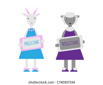 Conjunto de personajes lindos que mantienen la placa de bienvenida. Ilustración vectorial en estilo plano de caricatura. Animales de granja: cabra y oveja.