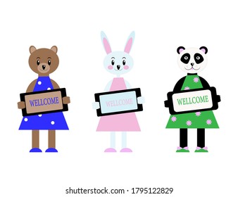 Set of cute characters keeping the Wellcome plate. Vector illustration in cartoon flat style. Funny animals bear, hare, panda.