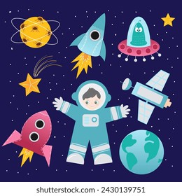 A set of cute characters on the theme of space: earth, moon, astronaut, rocket, star, alien, flying saucer, satellite