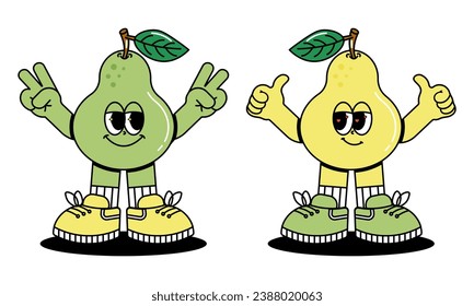 Set of Cute characters Pears in groovy cartoon style. Trendy and modern illustration with funky comic mascot. Green, yellow fruits. 70s, 80s retro vibes. Vector illustration