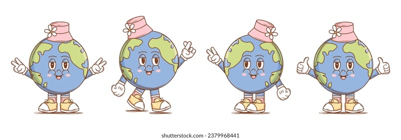 Set of Cute Characters Planet Earth in groovy style. Isolated retro stickers on a transparent background for various purposes. Vintage vector illustration.