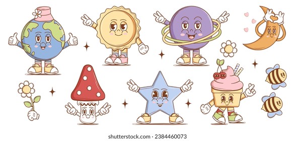 Set of cute Characters Planet, Earth, Mushroom, Sun, Moon, Ice cream, Star and elements in groovy style. Isolated retro stickers. Vintage vector illustration.