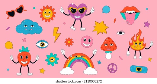 Set of cute characters in psychedelic 70's style. Hippie, psychedelic, groove, retro and vintage style. Vector illustration