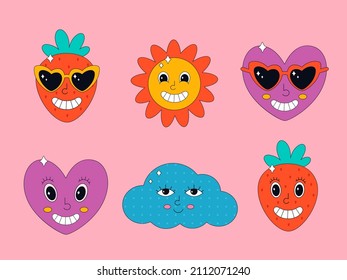 Conjunto de personajes lindos al estilo psicodélico de los años 70. Hippie, droove psicodélico, retro y vintage. Ilustración del vector