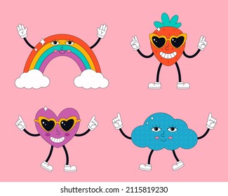 Set of cute characters in psychedelic 70's style. Hippie, psychedelic, groove, retro and vintage style. Vector illustration