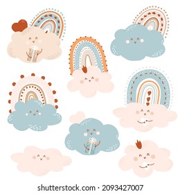 Conjunto de personajes lindos - arcos y nubes al estilo escandinavo. Ilustración vectorial. Escondido a mano y aislado. Recogida de niños para textiles, embalajes y decoración, papel pintado y diseño.