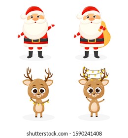 Set of cute characters. Cute santa сlaus and deer. Christmas characters