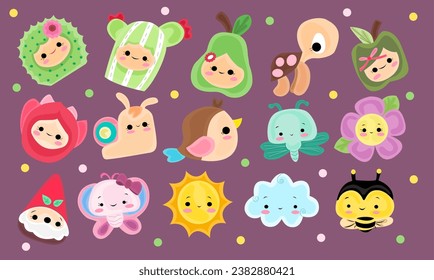 set of cute characters for small children, cute flowers, fruit, animals and plants